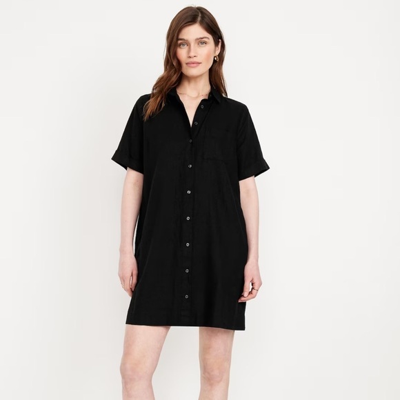 Old Navy Other - Old Navy Women’s Linen-Blend Dress Button-Down Midi Black Short Sleeve Size M